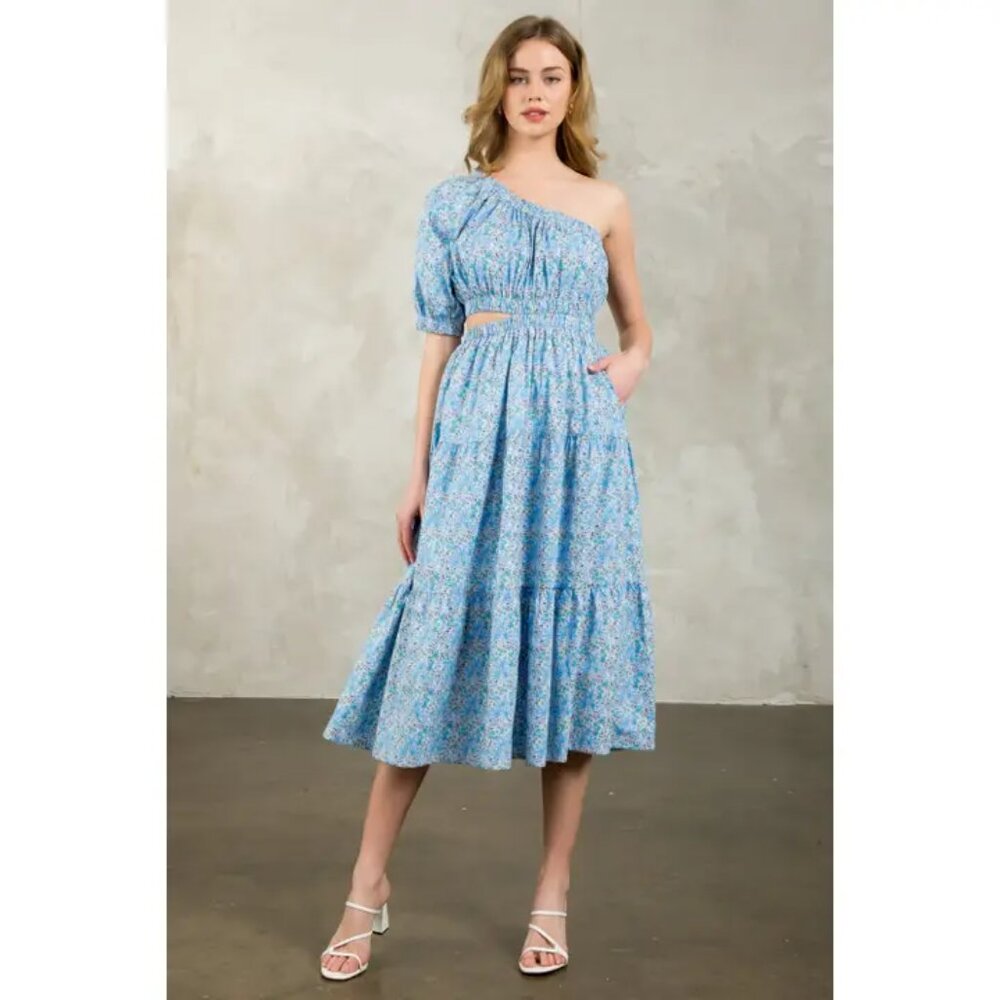 THML Caley One Shoulder Floral Tiered Midi Dress NWT